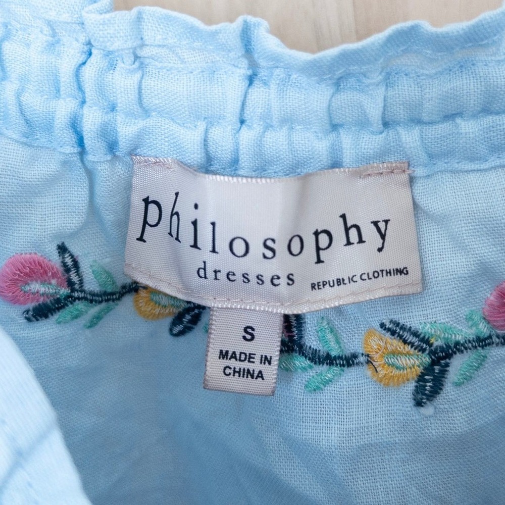 Philosophy Linen Embroidered Floral Dress Small Blue Cold Shoulder Boho Cottage - Picture 6 of 9